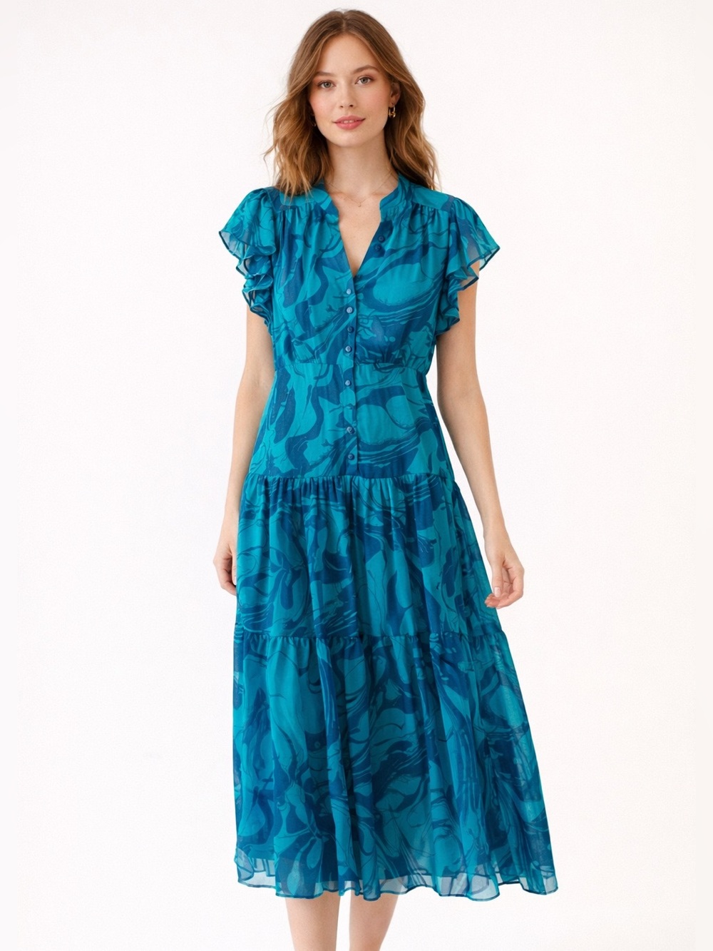 NWT Taylor Short Sleeve Tiered Teal Midi Dress Size 2